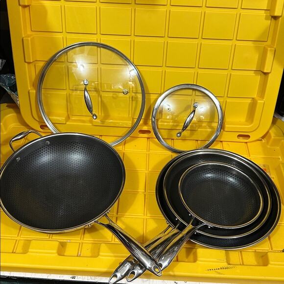 HEXCLAD 6 Piece Nonstick Stainless Steel Frying Pan Set 8”, 10” 12” and Wok $600 - Picture 1 of 11